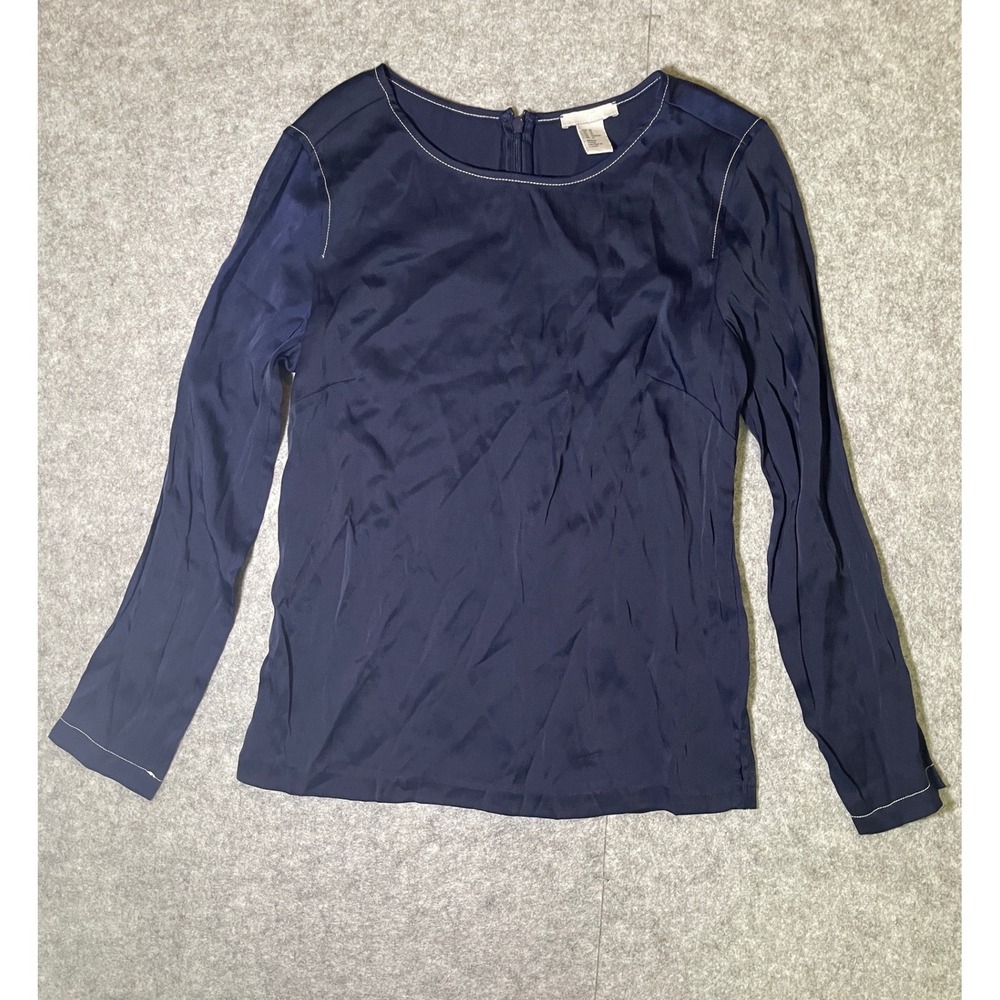 HM Navy Blue Satin Long Sleeve Blouse Contrast Stitch Back Zip Top Size 10